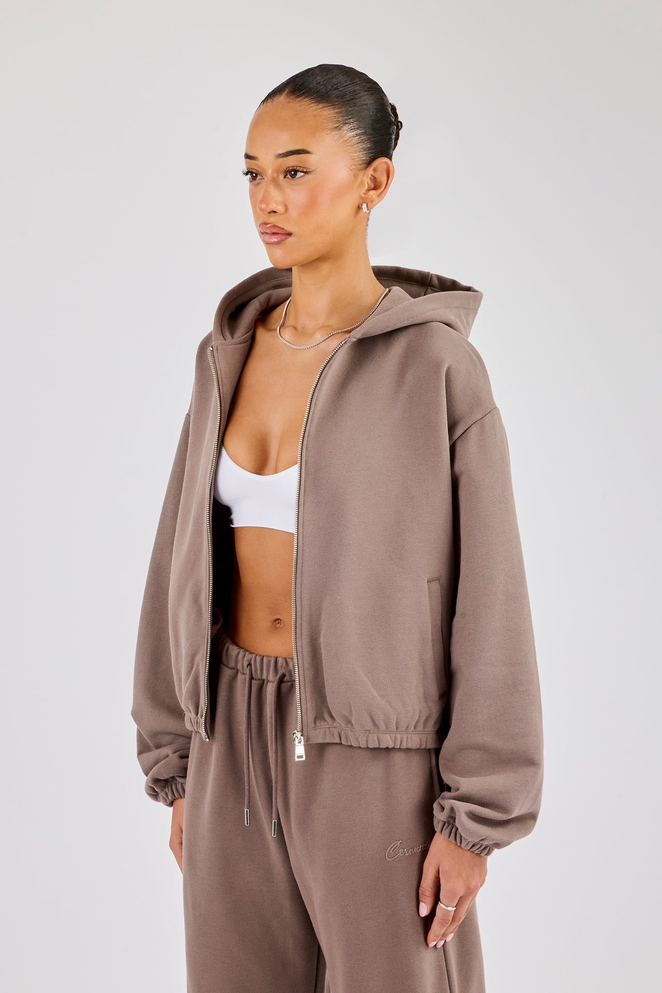 Towelling Applique Zip Hoodie - Taupe